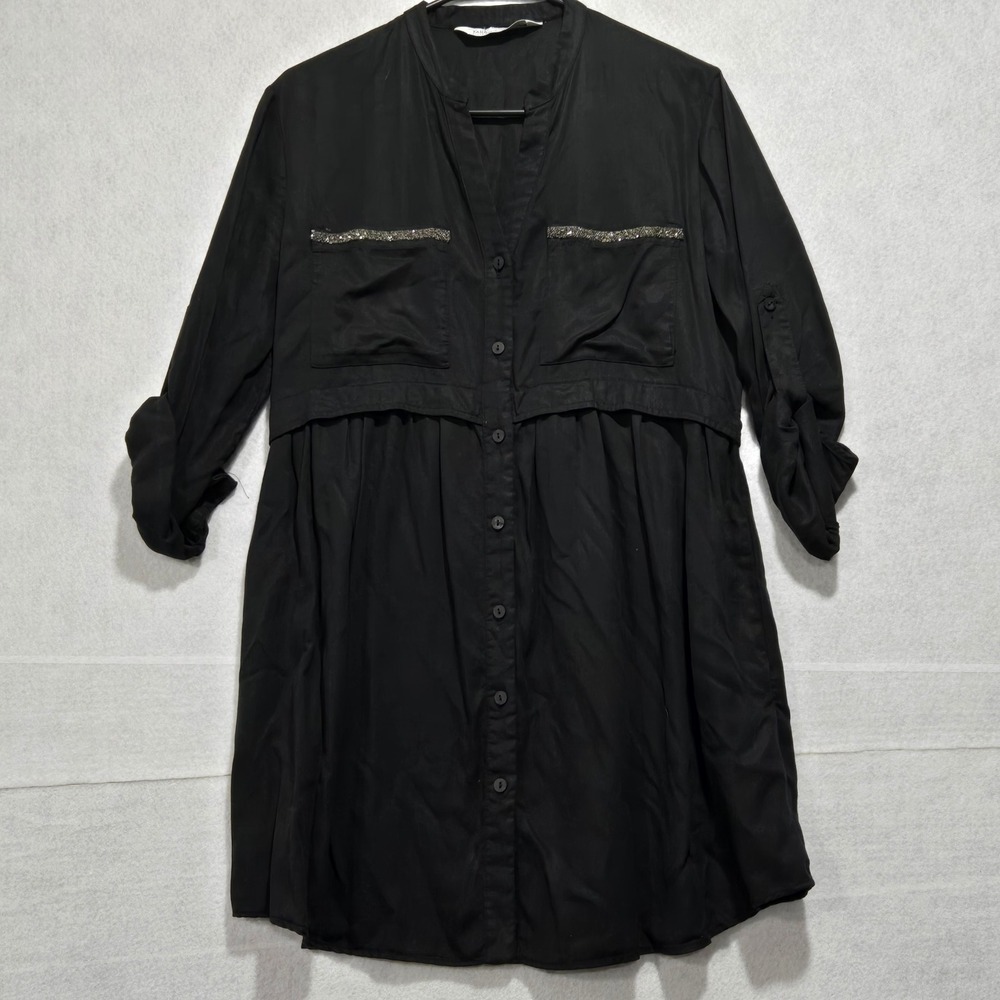 ZARA 1975 DENIM Black Button Front Shirt Dress Embellished Pockets Tencel Size S
